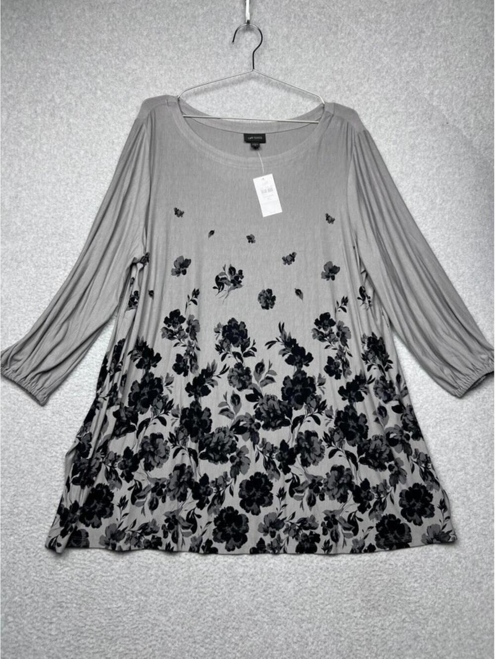NWT J. Jill Wearever Floral Knit Tunic Top Gray Flower Print Boho Casual XL